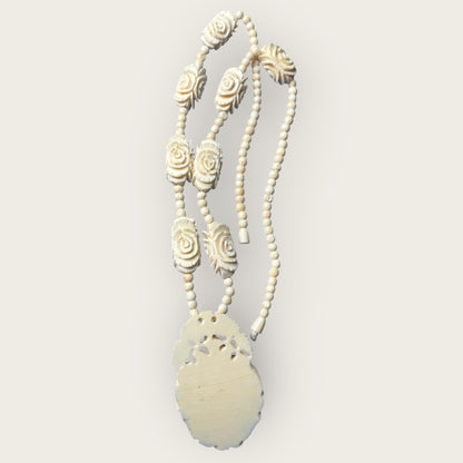 Hand-Carved Bone Rose Necklace – 1970s Artisan Floral Pendant & Beaded Strand