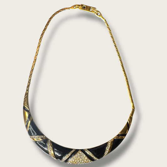 Vintage Monet “Swing Time Collection” Black Enamel & Rhinestone Collar Necklace – 1985 Book Piece