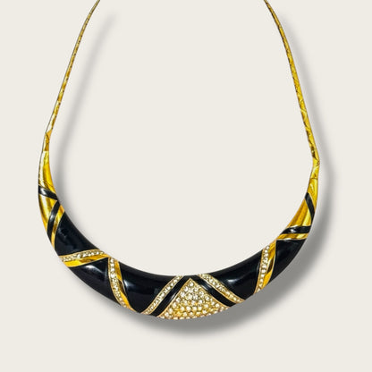 Vintage Monet “Swing Time Collection” Black Enamel & Rhinestone Collar Necklace – 1985 Book Piece