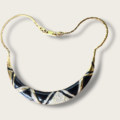 Vintage Monet “Swing Time Collection” Black Enamel & Rhinestone Collar Necklace – 1985 Book Piece