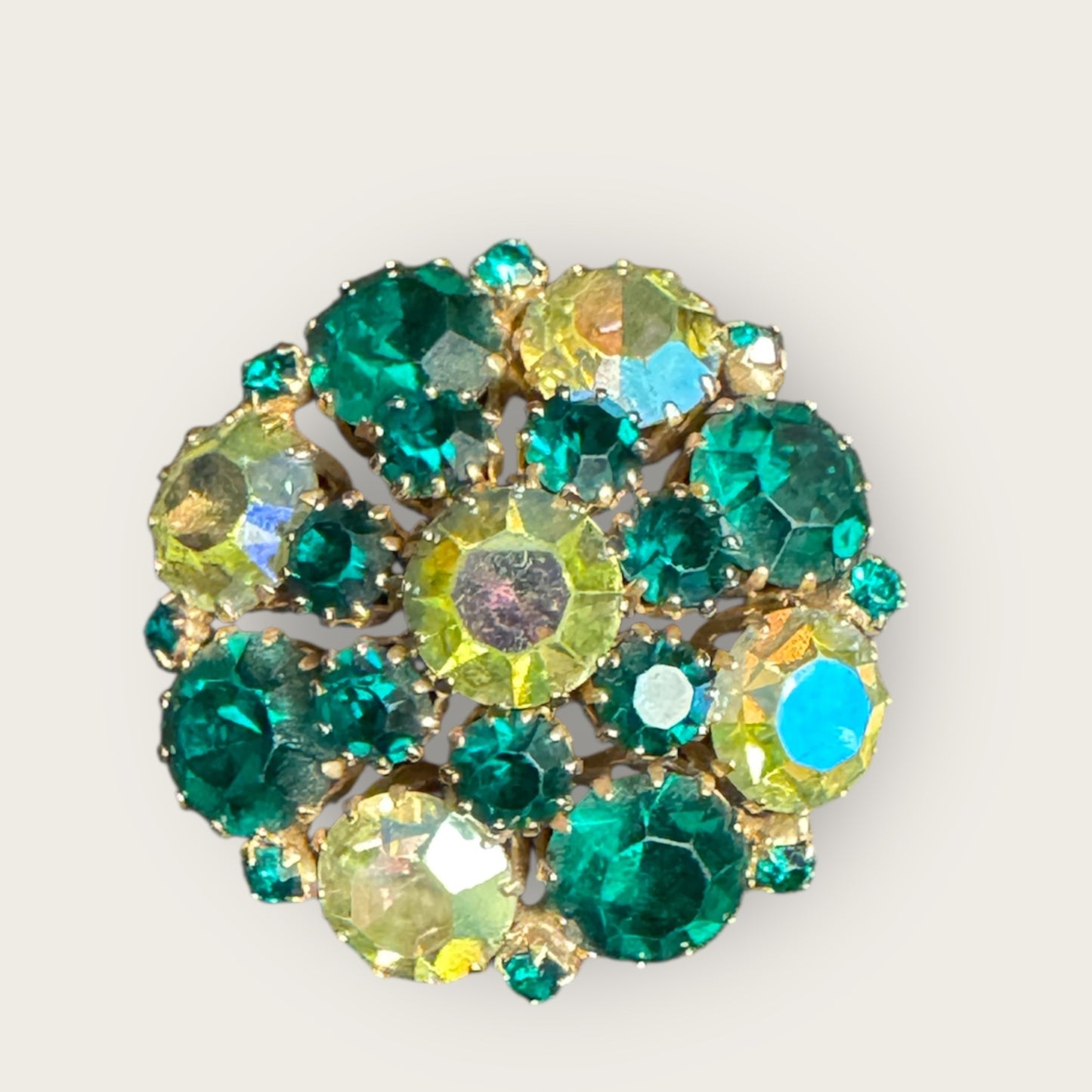 Vintage Weiss Domed Rhinestone Brooch – Emerald & AB Crystal Cluster