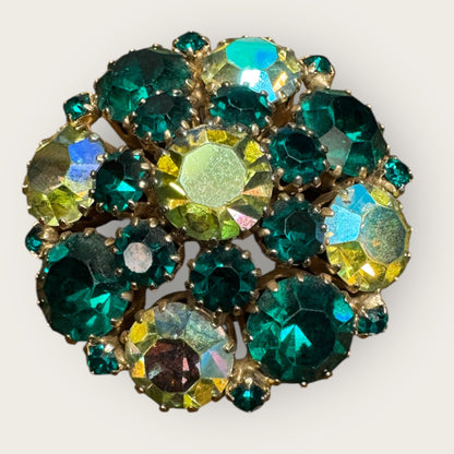 Vintage Weiss Domed Rhinestone Brooch – Emerald & AB Crystal Cluster