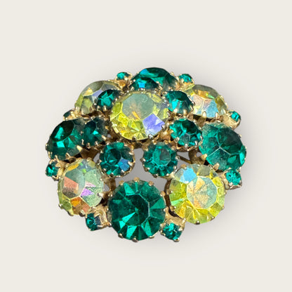 Vintage Weiss Domed Rhinestone Brooch – Emerald & AB Crystal Cluster