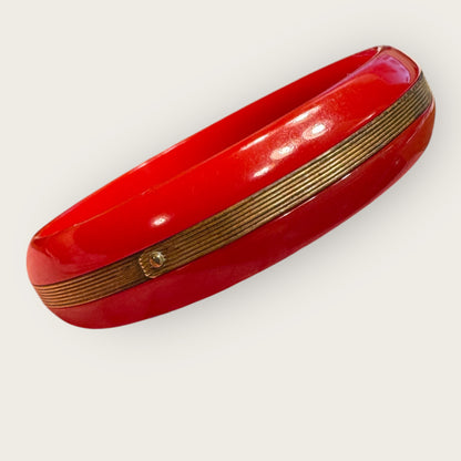 Vintage Authentic Bakelite Bangle – Cherry Red Catalin With Gold Laminate Band – 1930s–1940s Tested
