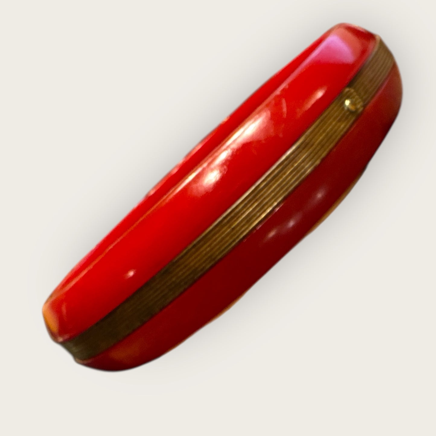 Vintage Authentic Bakelite Bangle – Cherry Red Catalin With Gold Laminate Band – 1930s–1940s Tested