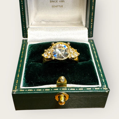 Vintage Monet Crystal Solitaire Cocktail Ring – Size 6.5 – Radiant Mid-Century Glamour