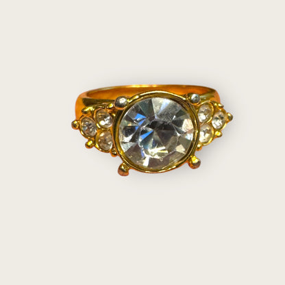 Vintage Monet Crystal Solitaire Cocktail Ring – Size 6.5 – Radiant Mid-Century Glamour