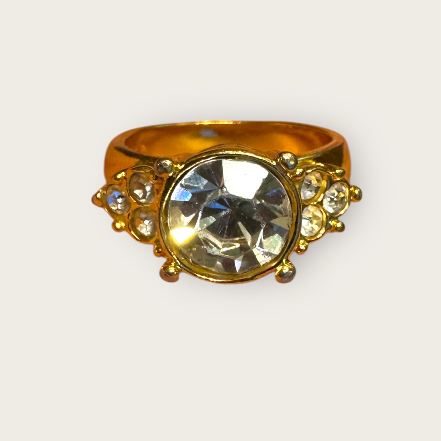 Vintage Monet Crystal Solitaire Cocktail Ring – Size 6.5 – Radiant Mid-Century Glamour