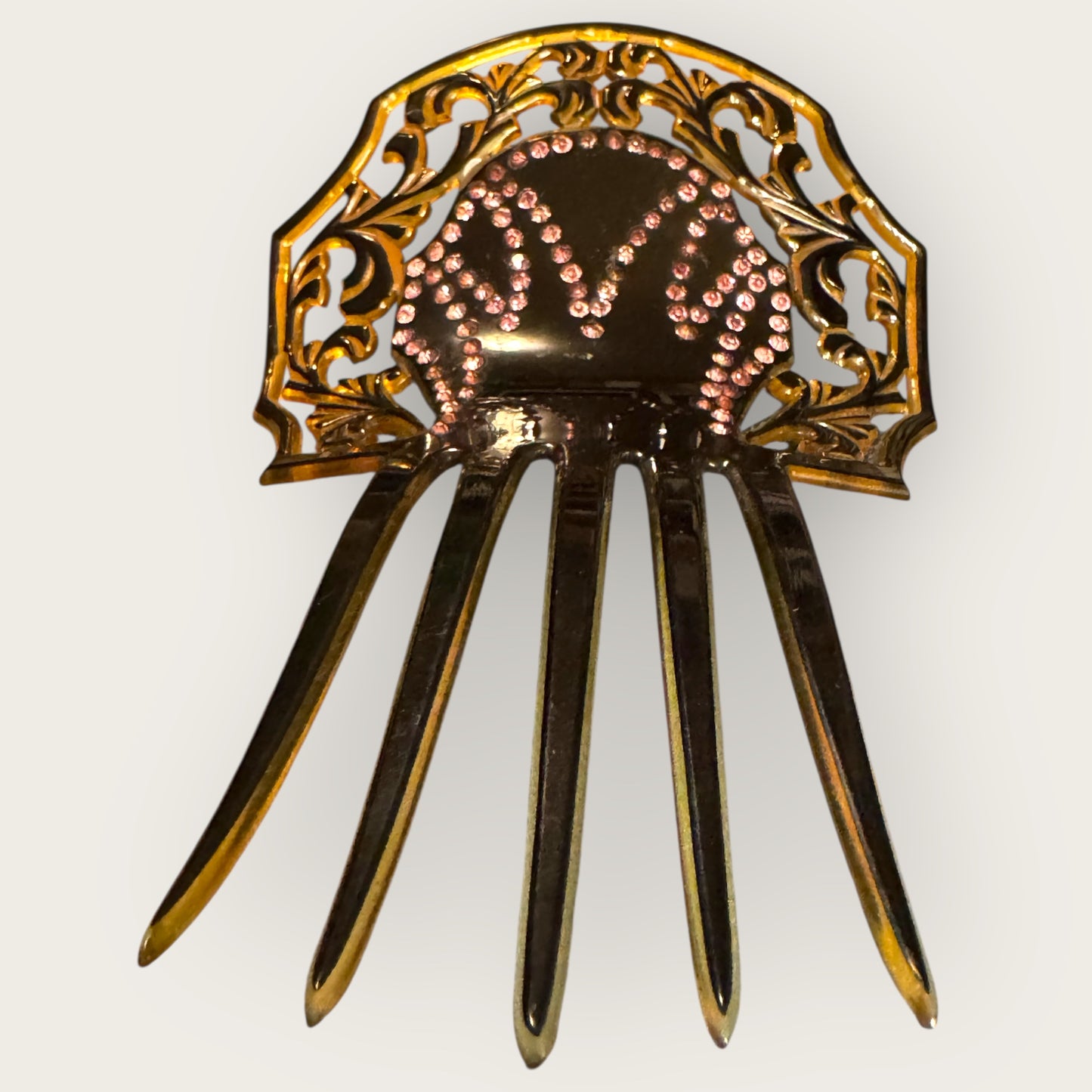 Antique Art Nouveau Celluloid Hair Comb with Pink Rhinestones – Early 1900s Ornamental Hair Accessory