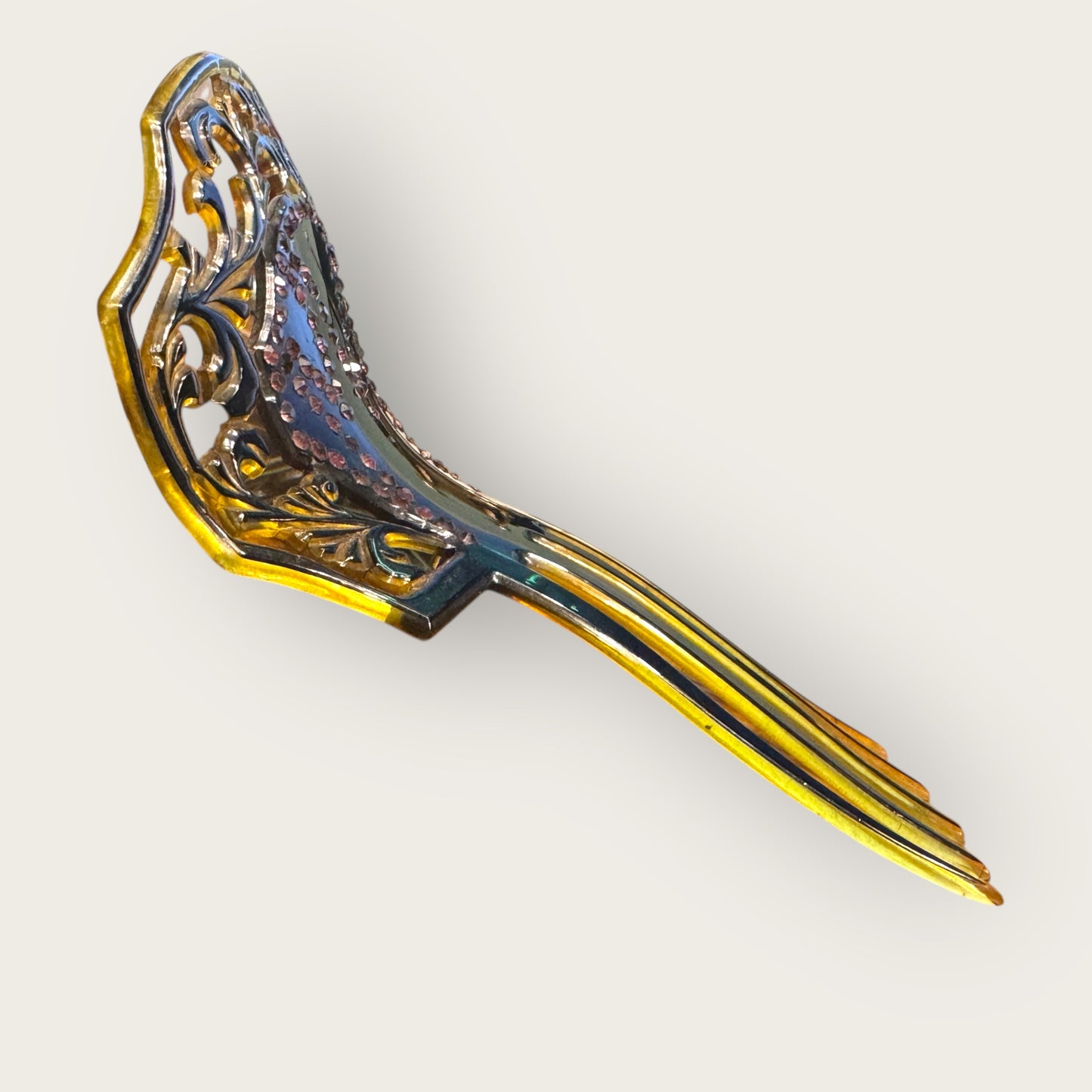 Antique Art Nouveau Celluloid Hair Comb with Pink Rhinestones – Early 1900s Ornamental Hair Accessory