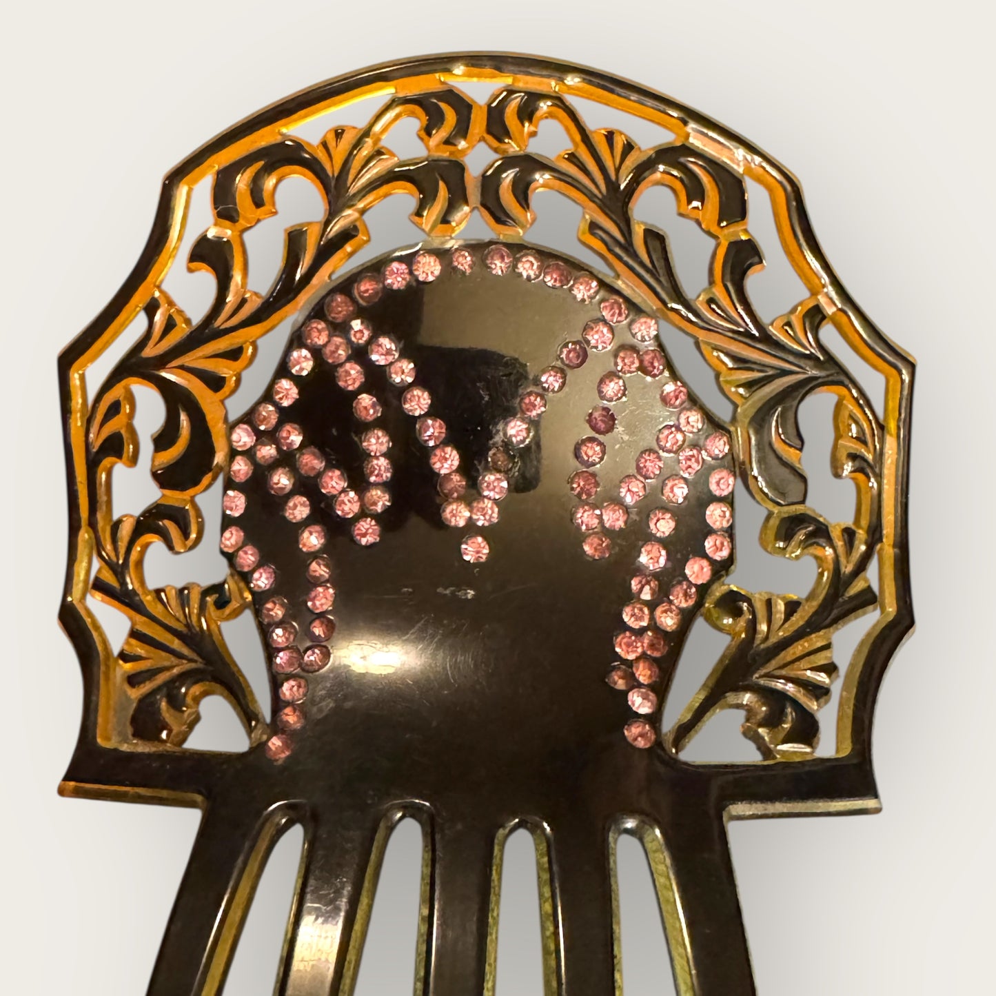 Antique Art Nouveau Celluloid Hair Comb with Pink Rhinestones – Early 1900s Ornamental Hair Accessory