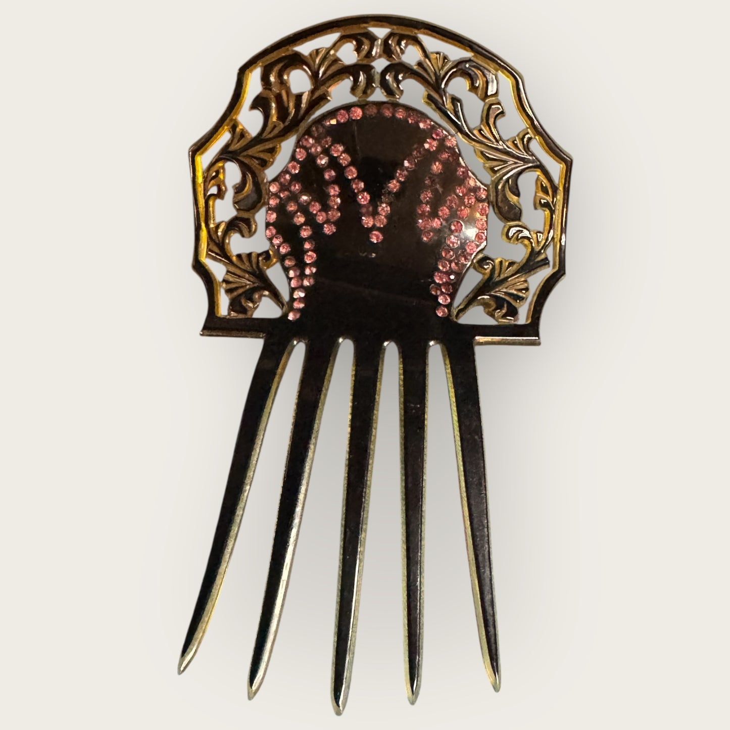 Antique Art Nouveau Celluloid Hair Comb with Pink Rhinestones – Early 1900s Ornamental Hair Accessory