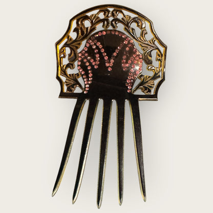 Antique Art Nouveau Celluloid Hair Comb with Pink Rhinestones – Early 1900s Ornamental Hair Accessory