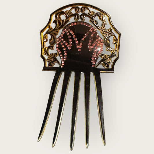 Antique Art Nouveau Celluloid Hair Comb with Pink Rhinestones – Early 1900s Ornamental Hair Accessory