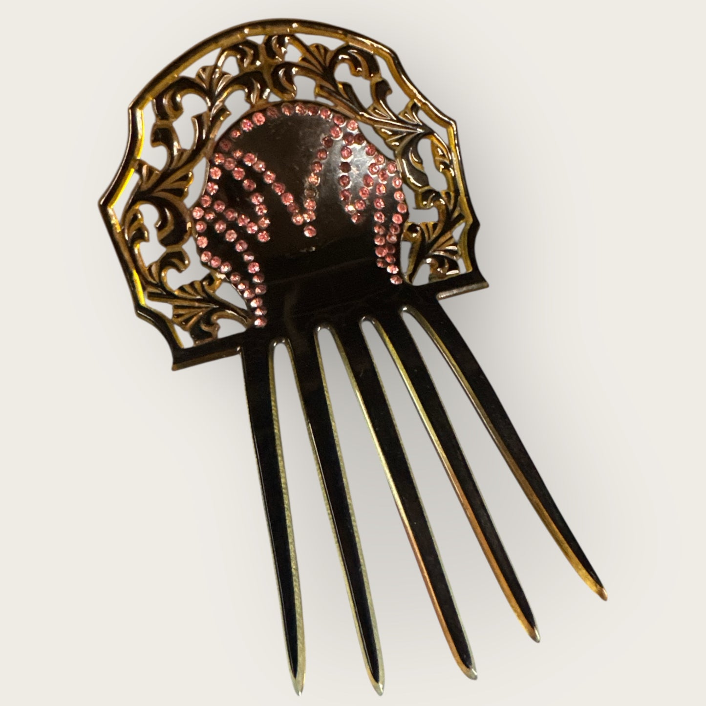 Antique Art Nouveau Celluloid Hair Comb with Pink Rhinestones – Early 1900s Ornamental Hair Accessory