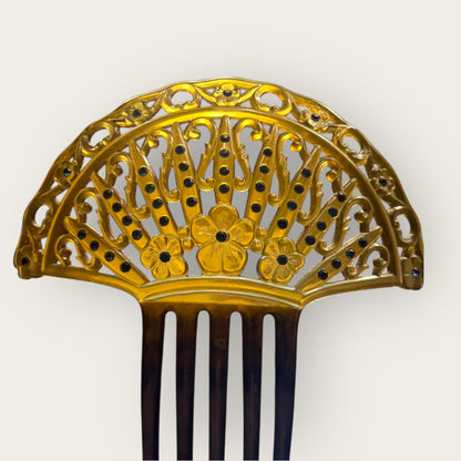 Antique Art Nouveau Celluloid Hair Comb with Blue Rhinestones – Early 1900s Ornamental Hair Accessory
