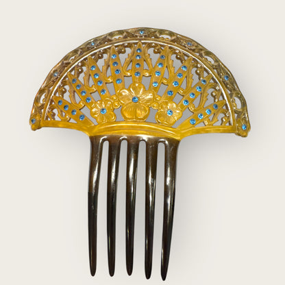 Antique Art Nouveau Celluloid Hair Comb with Blue Rhinestones – Early 1900s Ornamental Hair Accessory