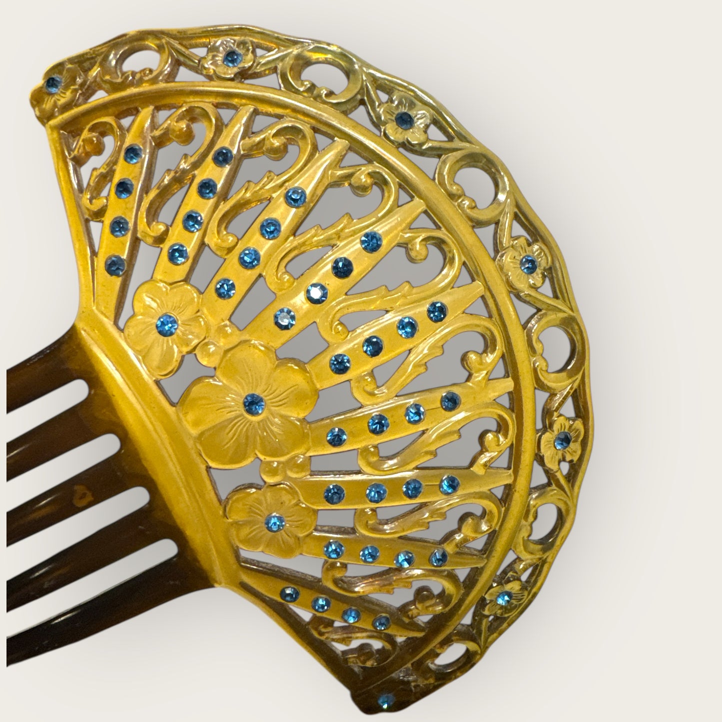 Antique Art Nouveau Celluloid Hair Comb with Blue Rhinestones – Early 1900s Ornamental Hair Accessory