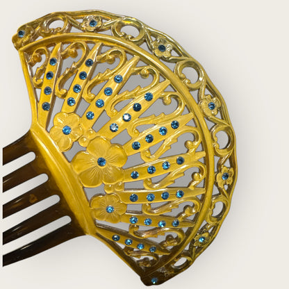 Antique Art Nouveau Celluloid Hair Comb with Blue Rhinestones – Early 1900s Ornamental Hair Accessory