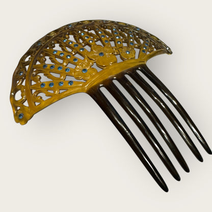Antique Art Nouveau Celluloid Hair Comb with Blue Rhinestones – Early 1900s Ornamental Hair Accessory