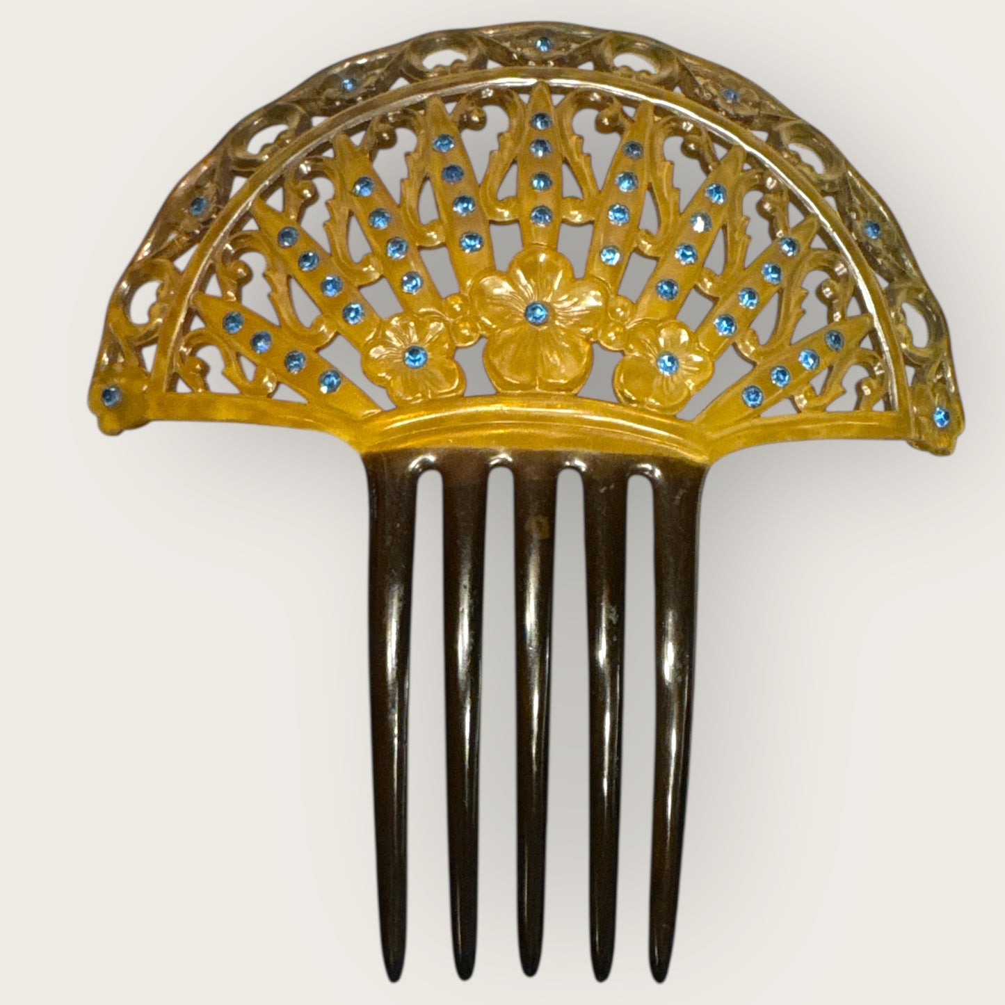 Antique Art Nouveau Celluloid Hair Comb with Blue Rhinestones – Early 1900s Ornamental Hair Accessory
