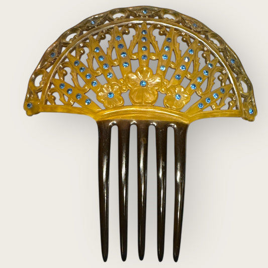 Antique Art Nouveau Celluloid Hair Comb with Blue Rhinestones – Early 1900s Ornamental Hair Accessory