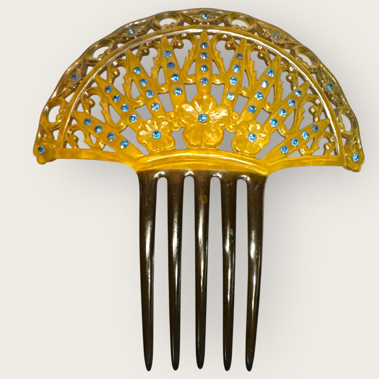 Antique Art Nouveau Celluloid Hair Comb with Blue Rhinestones – Early 1900s Ornamental Hair Accessory