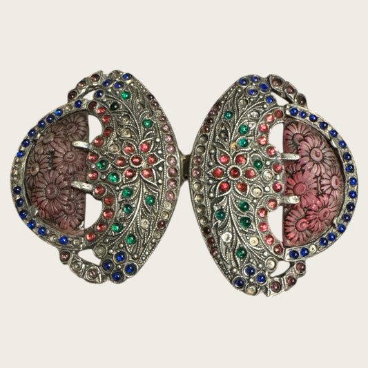 Antique Art Nouveau Glass Cabochon Floral Belt Buckle – Hand-Set Multi-Color Stones | Early 1900s Ornamental Accessory