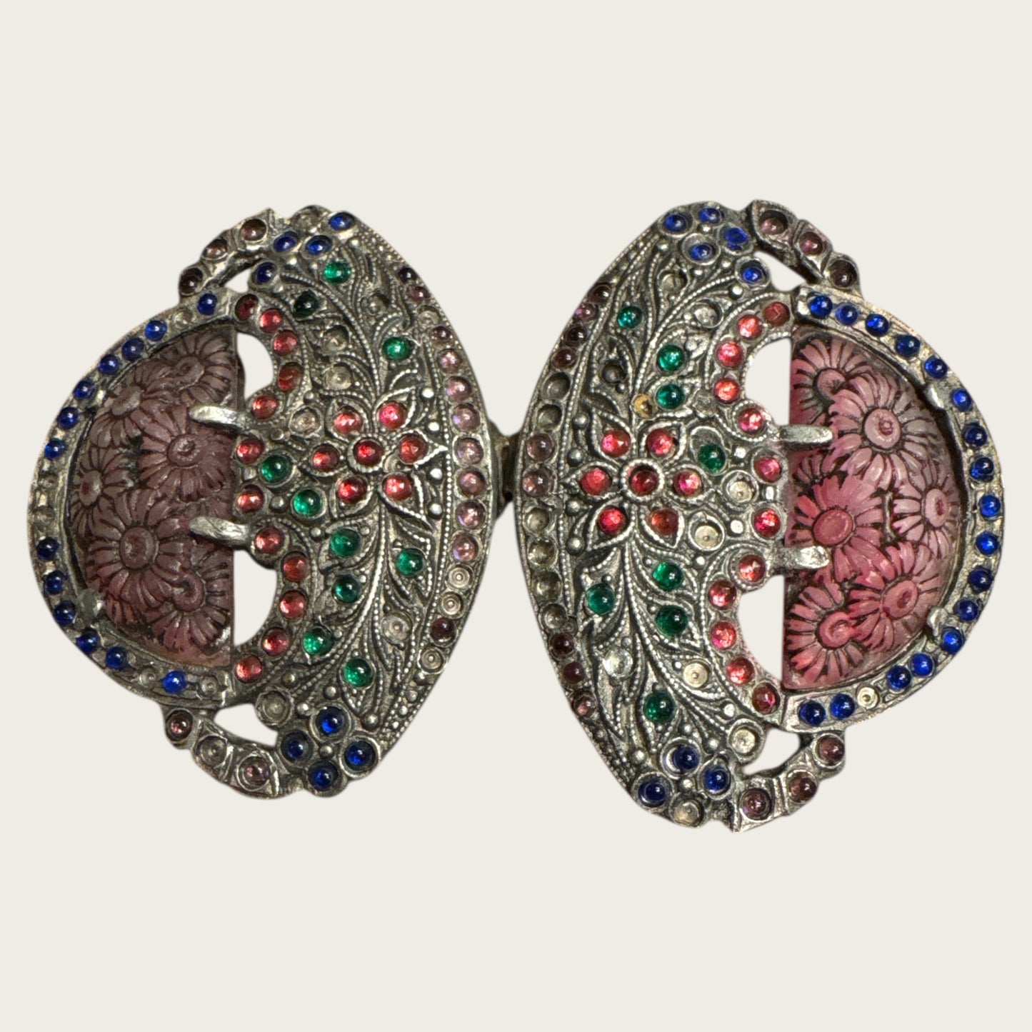 Antique Art Nouveau Glass Cabochon Floral Belt Buckle – Hand-Set Multi-Color Stones | Early 1900s Ornamental Accessory