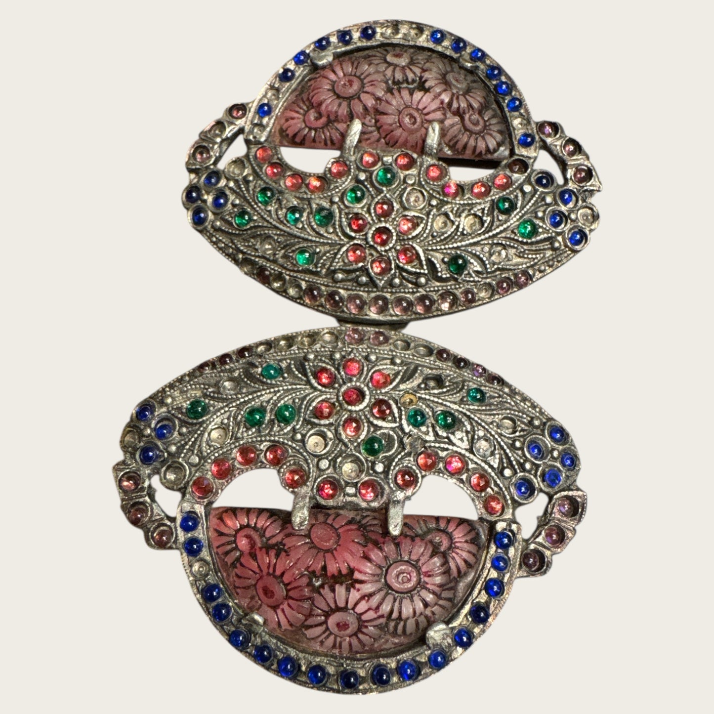 Antique Art Nouveau Glass Cabochon Floral Belt Buckle – Hand-Set Multi-Color Stones | Early 1900s Ornamental Accessory