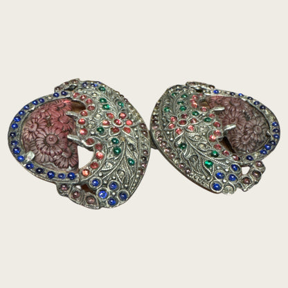 Antique Art Nouveau Glass Cabochon Floral Belt Buckle – Hand-Set Multi-Color Stones | Early 1900s Ornamental Accessory