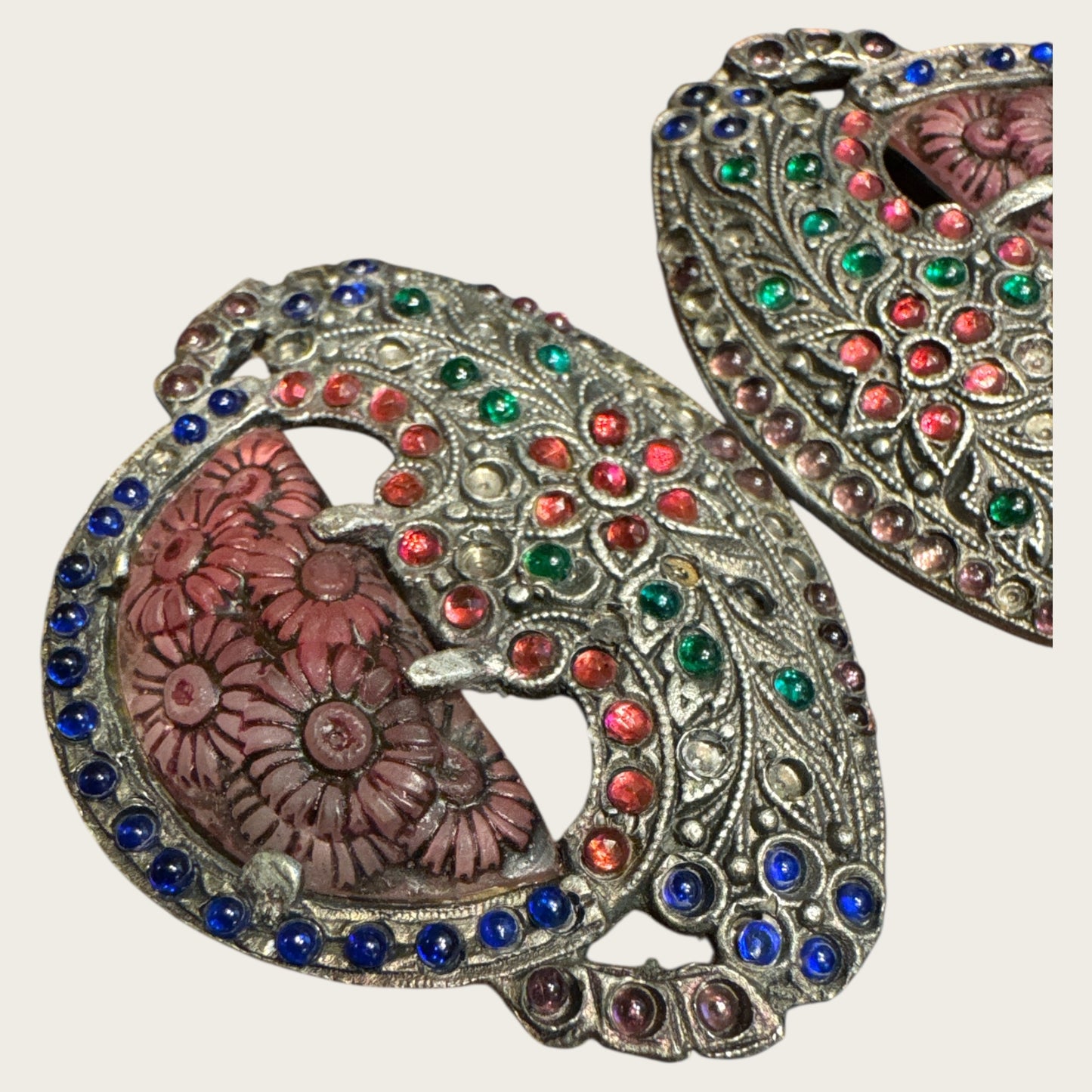 Antique Art Nouveau Glass Cabochon Floral Belt Buckle – Hand-Set Multi-Color Stones | Early 1900s Ornamental Accessory