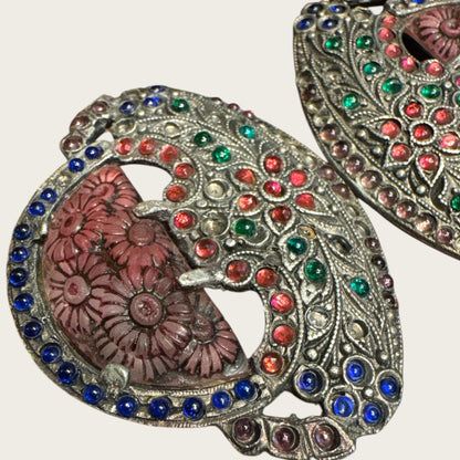 Antique Art Nouveau Glass Cabochon Floral Belt Buckle – Hand-Set Multi-Color Stones | Early 1900s Ornamental Accessory