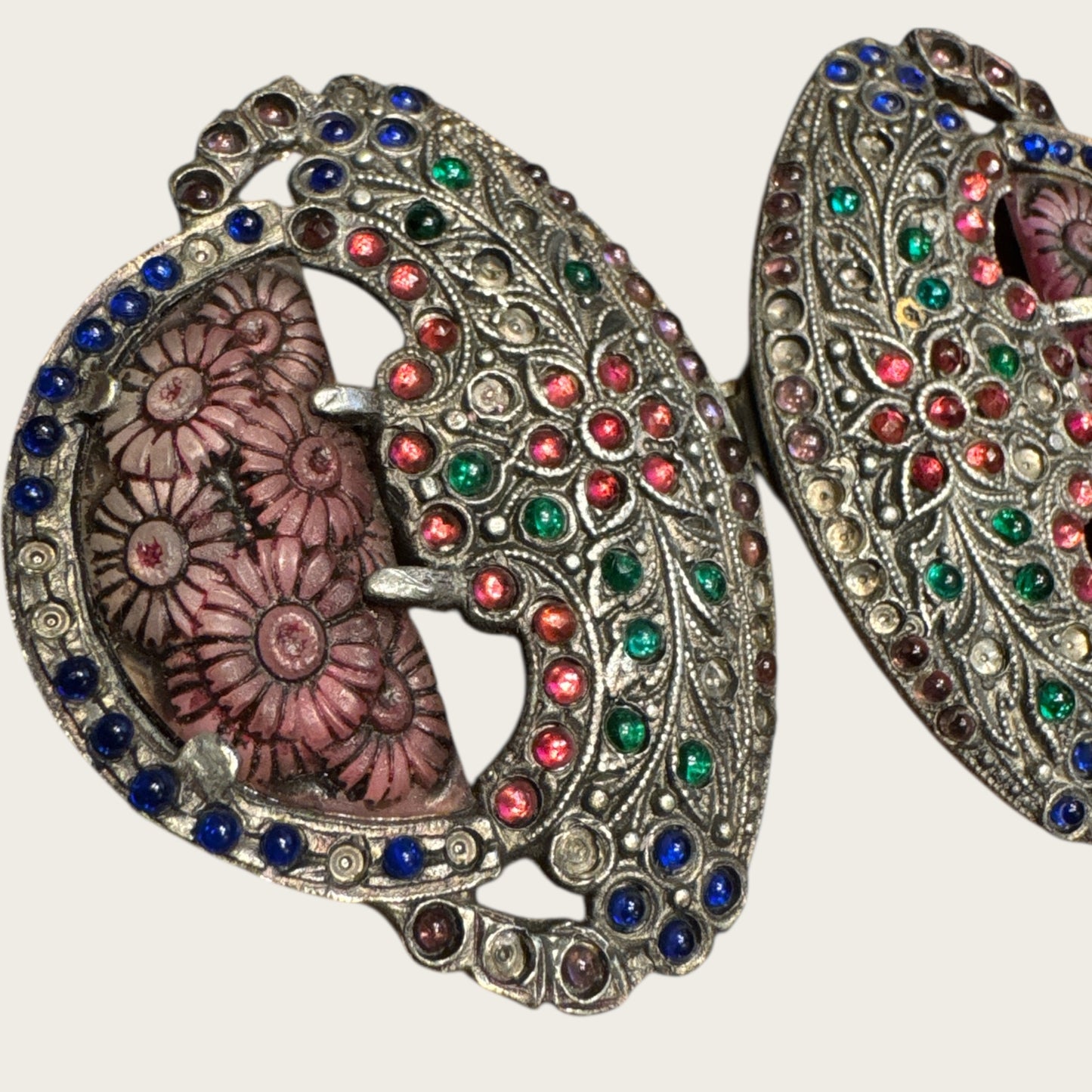 Antique Art Nouveau Glass Cabochon Floral Belt Buckle – Hand-Set Multi-Color Stones | Early 1900s Ornamental Accessory