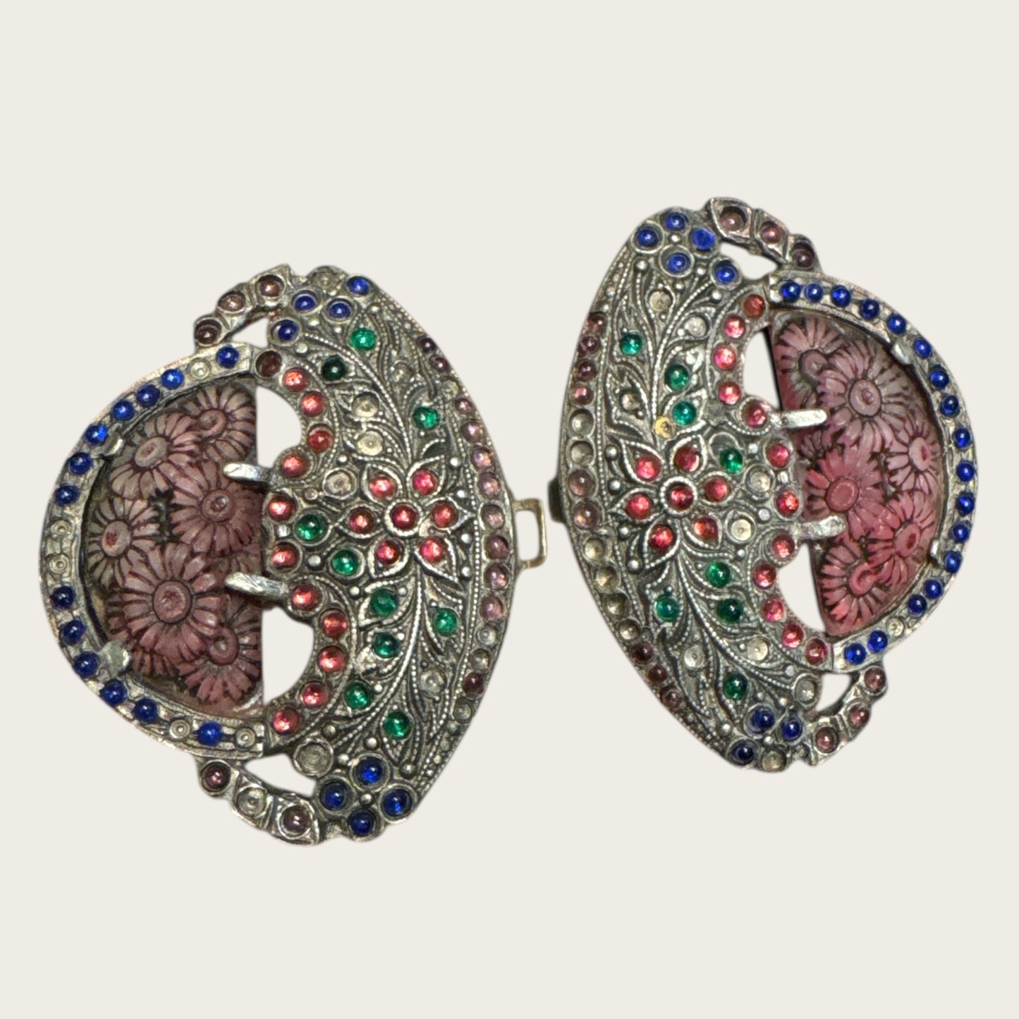 Antique Art Nouveau Glass Cabochon Floral Belt Buckle – Hand-Set Multi-Color Stones | Early 1900s Ornamental Accessory
