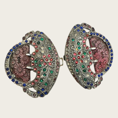 Antique Art Nouveau Glass Cabochon Floral Belt Buckle – Hand-Set Multi-Color Stones | Early 1900s Ornamental Accessory