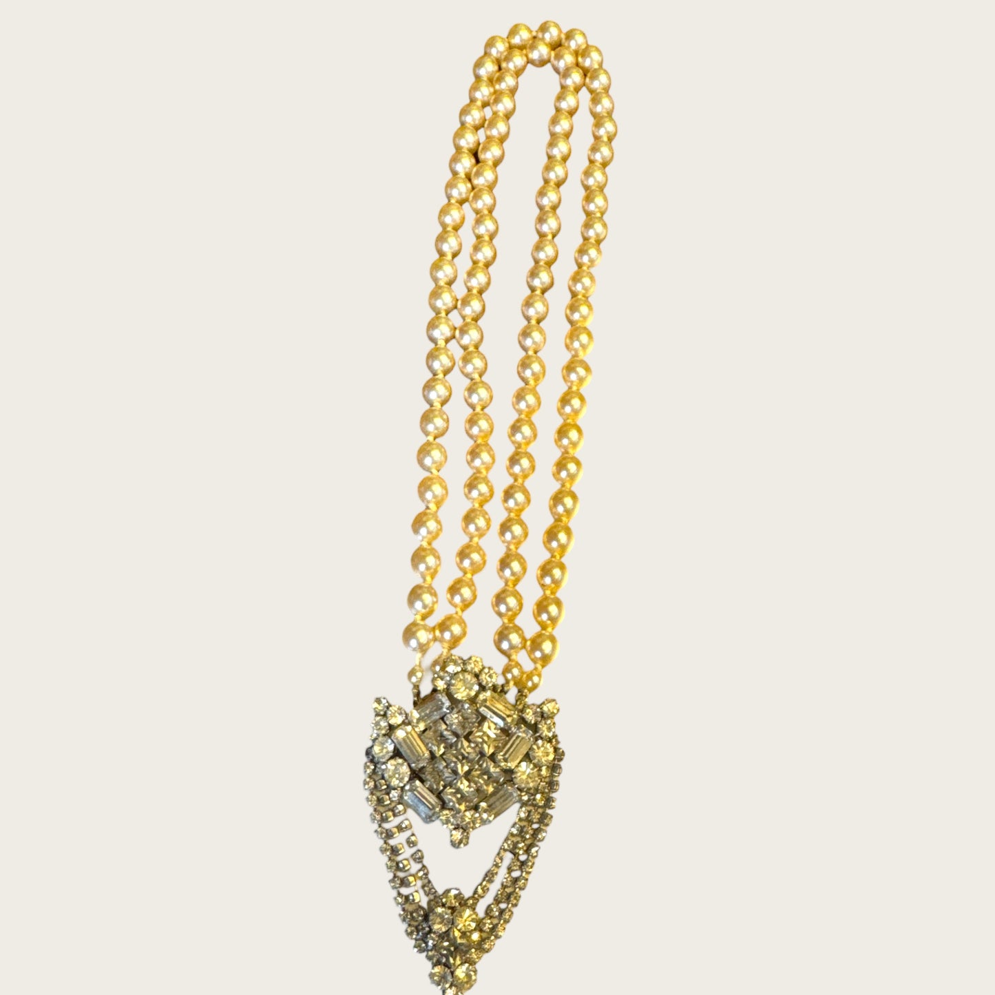 Vintage Mid-Century High Society Double-Strand Glass Pearl & Rhinestone Chandelier Necklace – Circa 1950s – Couture Evening Elegance