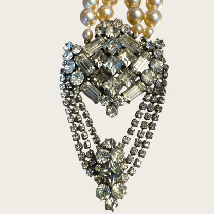 Vintage Mid-Century High Society Double-Strand Glass Pearl & Rhinestone Chandelier Necklace – Circa 1950s – Couture Evening Elegance