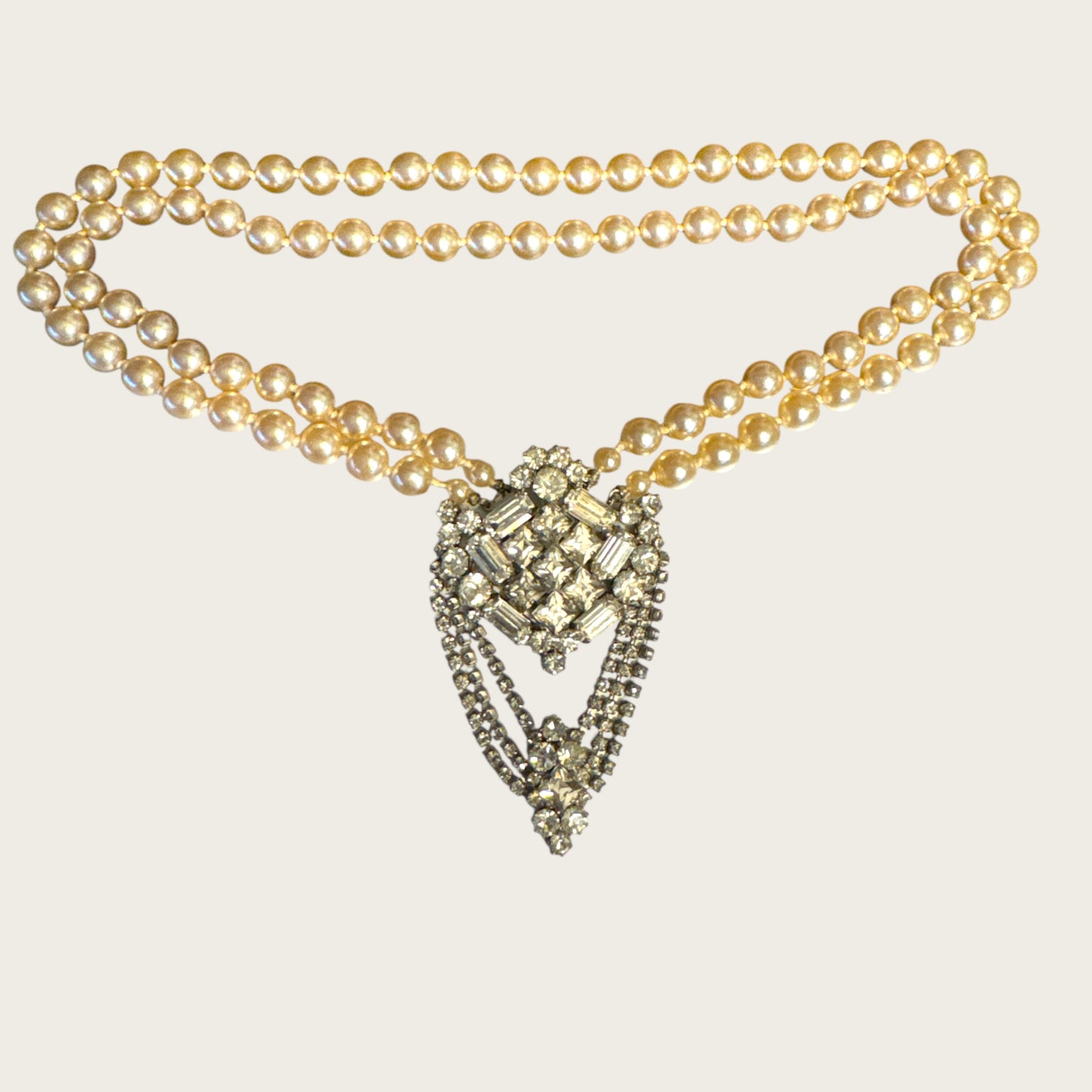 Vintage Mid-Century High Society Double-Strand Glass Pearl & Rhinestone Chandelier Necklace – Circa 1950s – Couture Evening Elegance