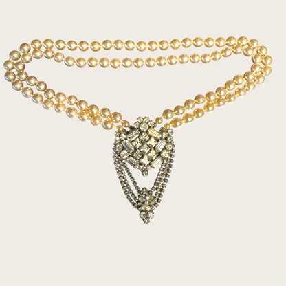 Vintage Mid-Century High Society Double-Strand Glass Pearl & Rhinestone Chandelier Necklace – Circa 1950s – Couture Evening Elegance