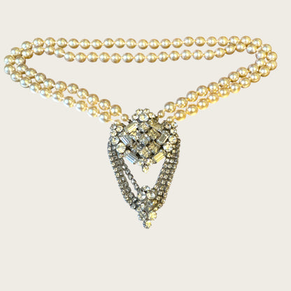 Vintage Mid-Century High Society Double-Strand Glass Pearl & Rhinestone Chandelier Necklace – Circa 1950s – Couture Evening Elegance