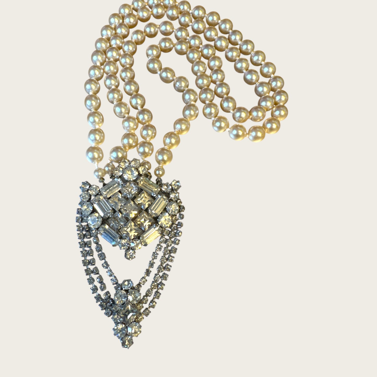 Vintage Mid-Century High Society Double-Strand Glass Pearl & Rhinestone Chandelier Necklace – Circa 1950s – Couture Evening Elegance