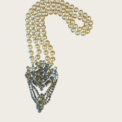 Vintage Mid-Century High Society Double-Strand Glass Pearl & Rhinestone Chandelier Necklace – Circa 1950s – Couture Evening Elegance