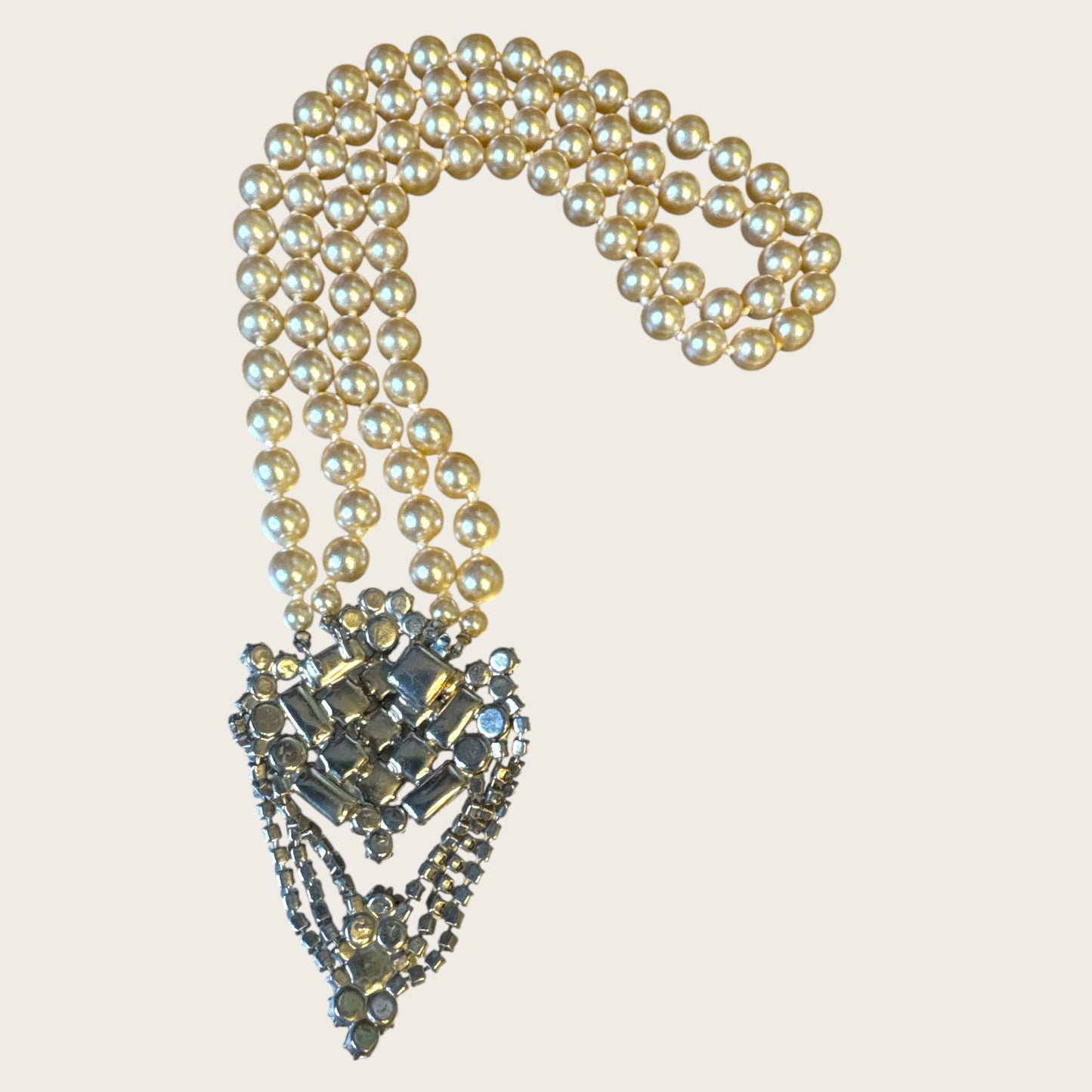 Vintage Mid-Century High Society Double-Strand Glass Pearl & Rhinestone Chandelier Necklace – Circa 1950s – Couture Evening Elegance