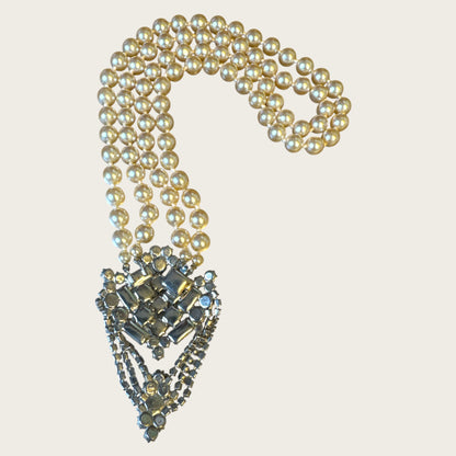 Vintage Mid-Century High Society Double-Strand Glass Pearl & Rhinestone Chandelier Necklace – Circa 1950s – Couture Evening Elegance