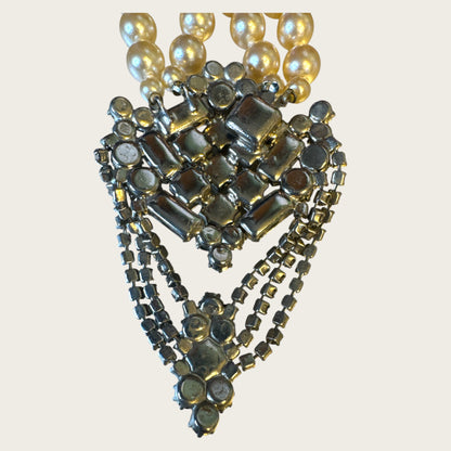 Vintage Mid-Century High Society Double-Strand Glass Pearl & Rhinestone Chandelier Necklace – Circa 1950s – Couture Evening Elegance