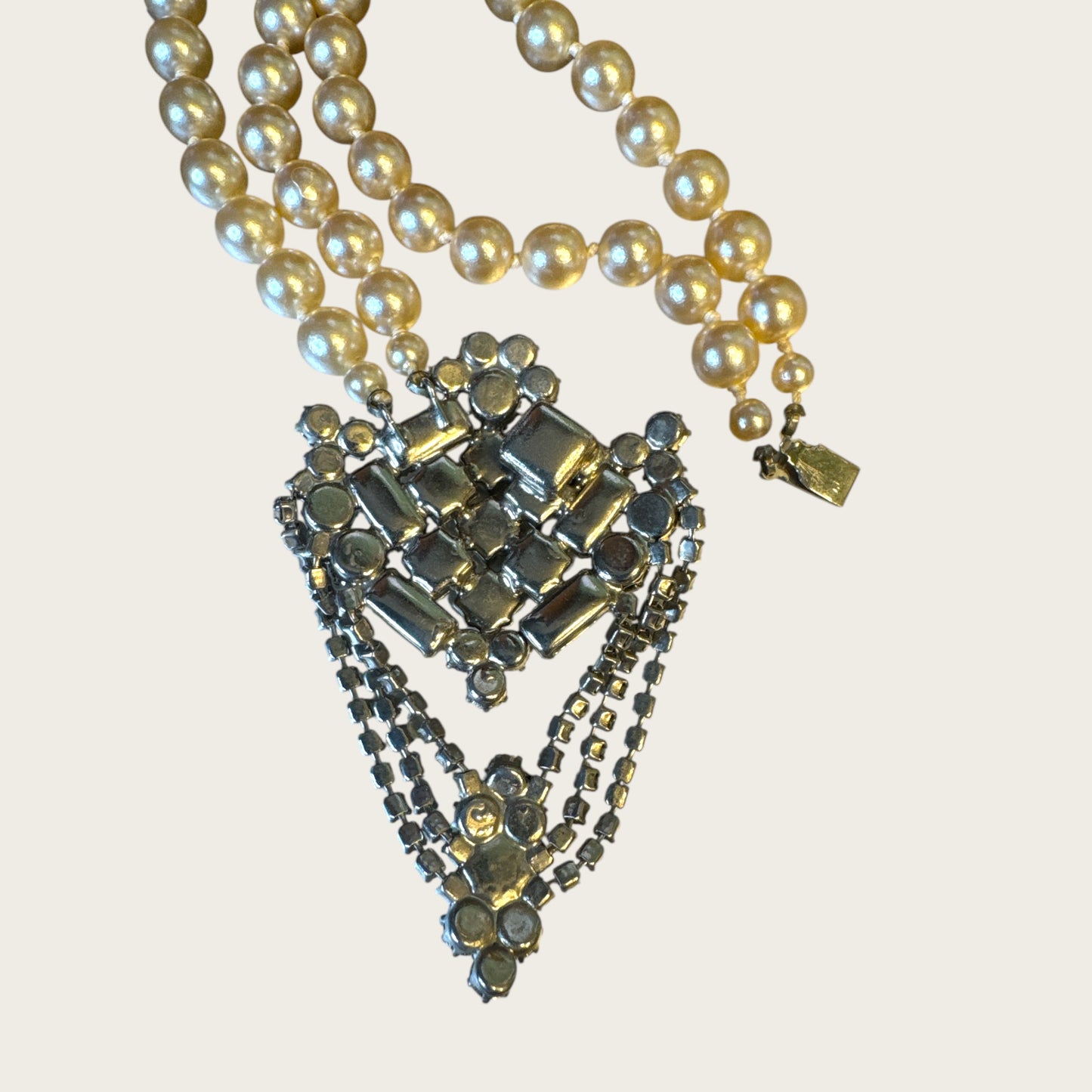 Vintage Mid-Century High Society Double-Strand Glass Pearl & Rhinestone Chandelier Necklace – Circa 1950s – Couture Evening Elegance
