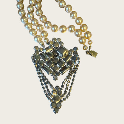 Vintage Mid-Century High Society Double-Strand Glass Pearl & Rhinestone Chandelier Necklace – Circa 1950s – Couture Evening Elegance