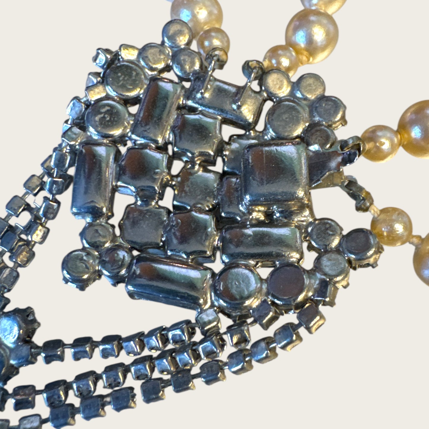 Vintage Mid-Century High Society Double-Strand Glass Pearl & Rhinestone Chandelier Necklace – Circa 1950s – Couture Evening Elegance