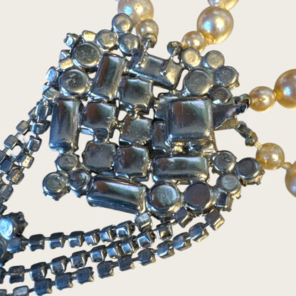 Vintage Mid-Century High Society Double-Strand Glass Pearl & Rhinestone Chandelier Necklace – Circa 1950s – Couture Evening Elegance